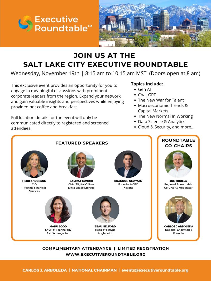 Executive Roundtable event flyer with Beau Nelford listed as a featured speaker